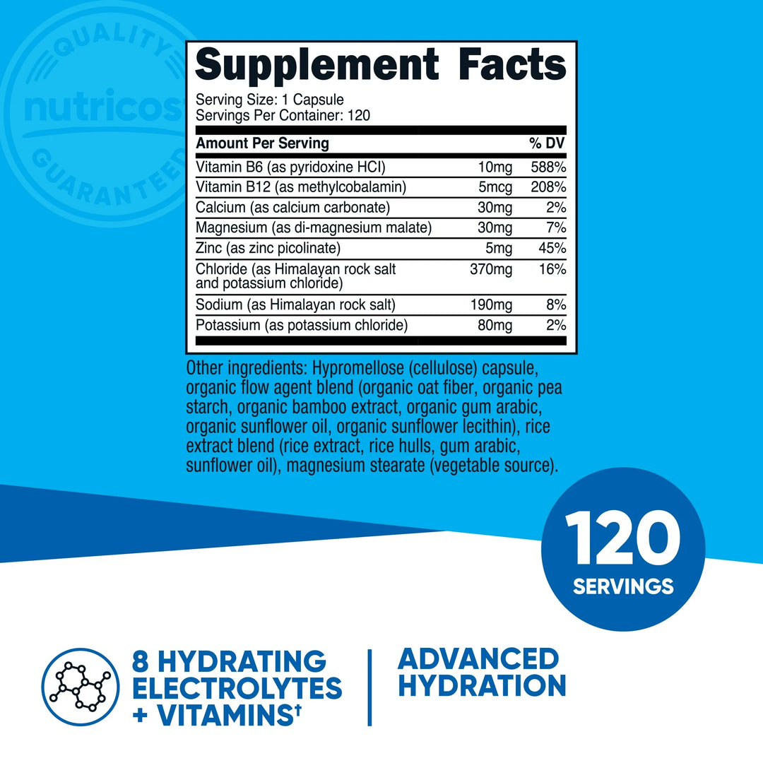 Nutricost Electrolyte Complex Advanced Hydration - 120 Capsules | نوتريكوست كبسولات إلكتروليت والفيتامينات لتعزيز إماهة الجسم - 120 كبسولة