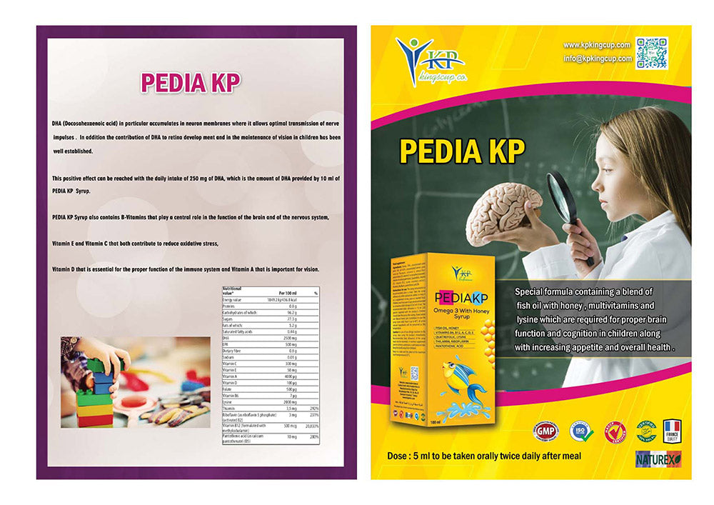 King Cup Pediakp Omega 3 With Honey Syrup - 100ml | شراب كينج كب بيديا كيه بي أوميغا 3 مع العسل - 100 مل