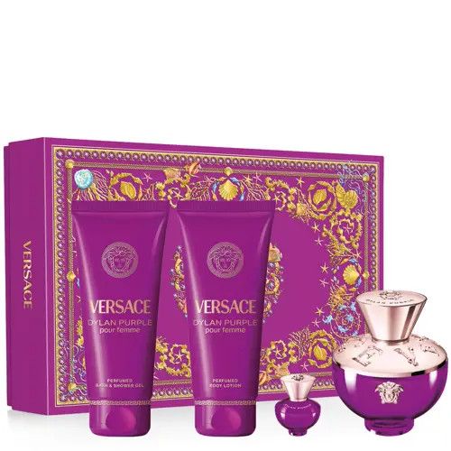 VERSACE Dylan Purple Set (EDP 100ml + EDP 5ml + BL 100ml + SG 100ml) | فيرساتشي سيت ديلان بيربل او ديو بارفان للنساء - 100 مل + 5 مل + 100 مل + 100 مل