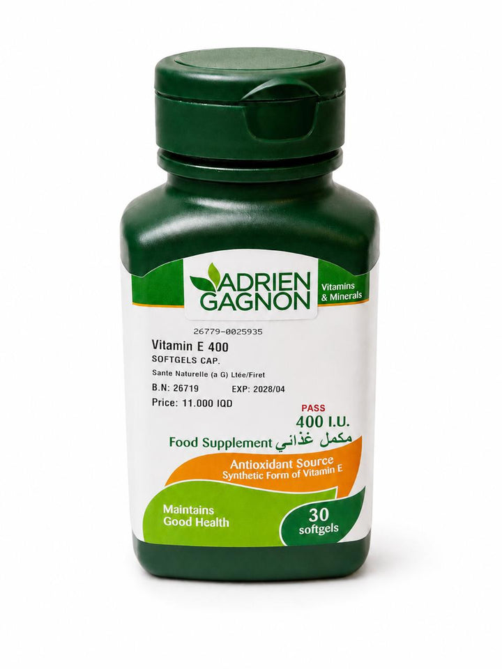 ADRIEN GAGNON Vitamin E Maintains Good Health 400 I.U - 30 Softgels | أدريان غانيون فيتامين اي 400 للحفاظ على الصحة العامة – 30 كبسولة هلامية طرية