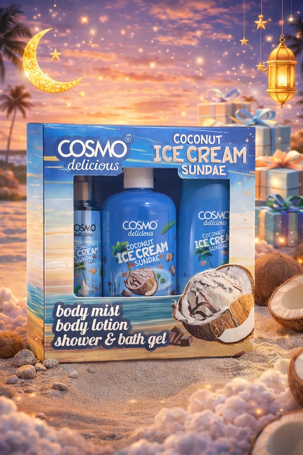 Cosmo Coconut Ice Cream Sundae Body Mist Body Lotion Shower & Bath Gel | كوزمو مجموعة العناية بالجسم برائحة جوز الهند