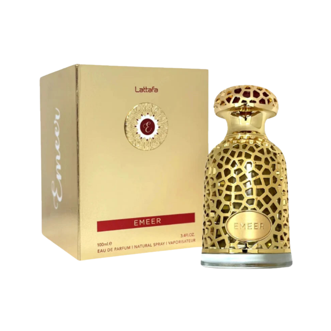 Lattafa Emeer Eau De Parfum, 100ml, a luxurious fragrance with a gold-colored bottle design.