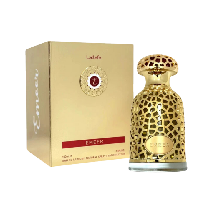 Lattafa Emeer Eau De Parfum, 100ml, a luxurious fragrance with a gold-colored bottle design.