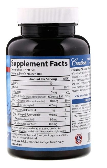 Carlson Cod Liver Oil Gems 1000 mg - 100 Soft Gels | كارلسون زيت كبد سمك 1000 مغ - 100 كبسولة هلامية