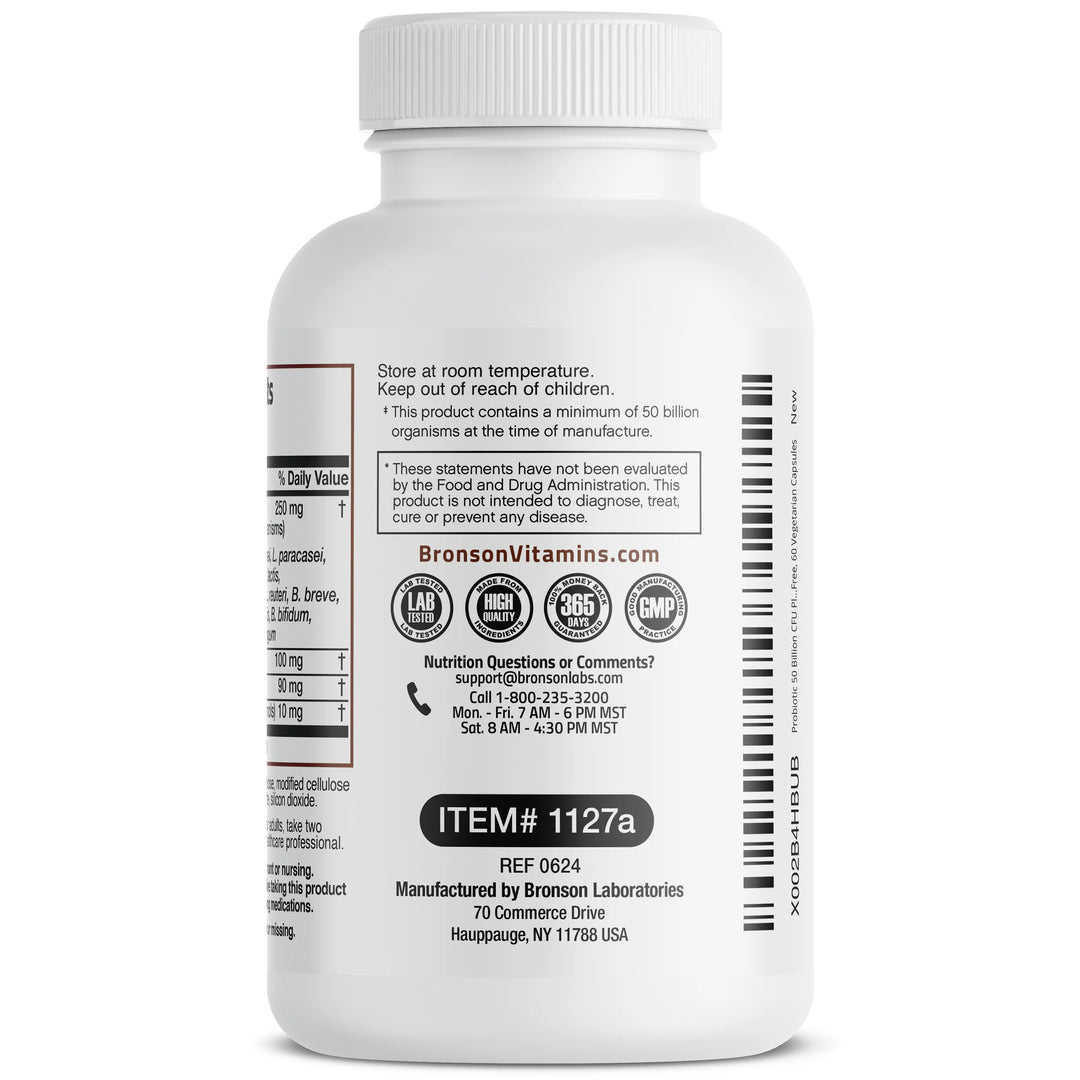 Bronson Probiotic Plus Prebiotic - 50 Billion CFU - 60 Vegetarian Capsules - 60 Count | برونسون بروبيوتيك بلس بريبيوتيك - 50 مليار وحدة تكوين مستعمرات - 60 كبسولة نباتية