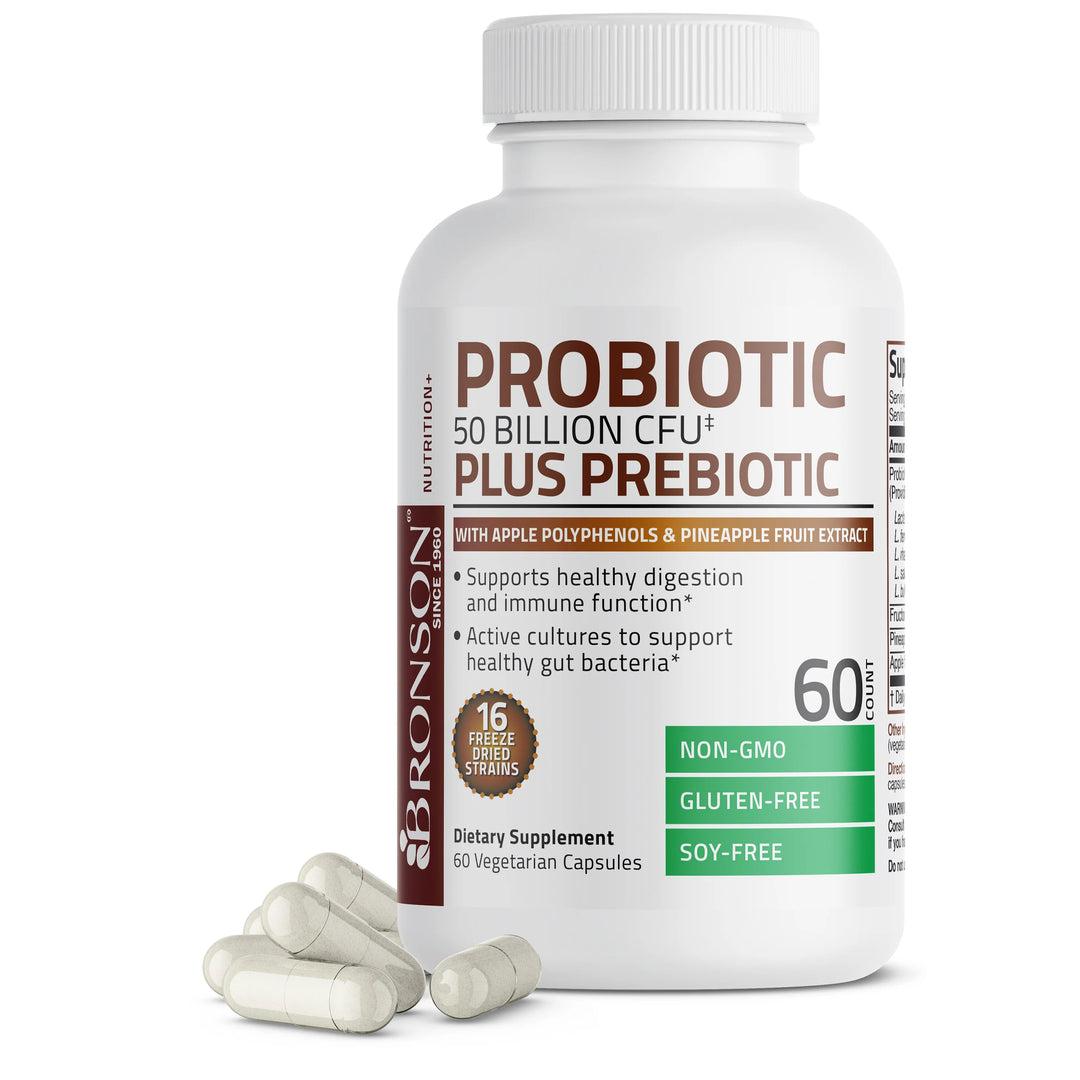 Bronson Probiotic Plus Prebiotic - 50 Billion CFU - 60 Vegetarian Capsules - 60 Count | برونسون بروبيوتيك بلس بريبيوتيك - 50 مليار وحدة تكوين مستعمرات - 60 كبسولة نباتية