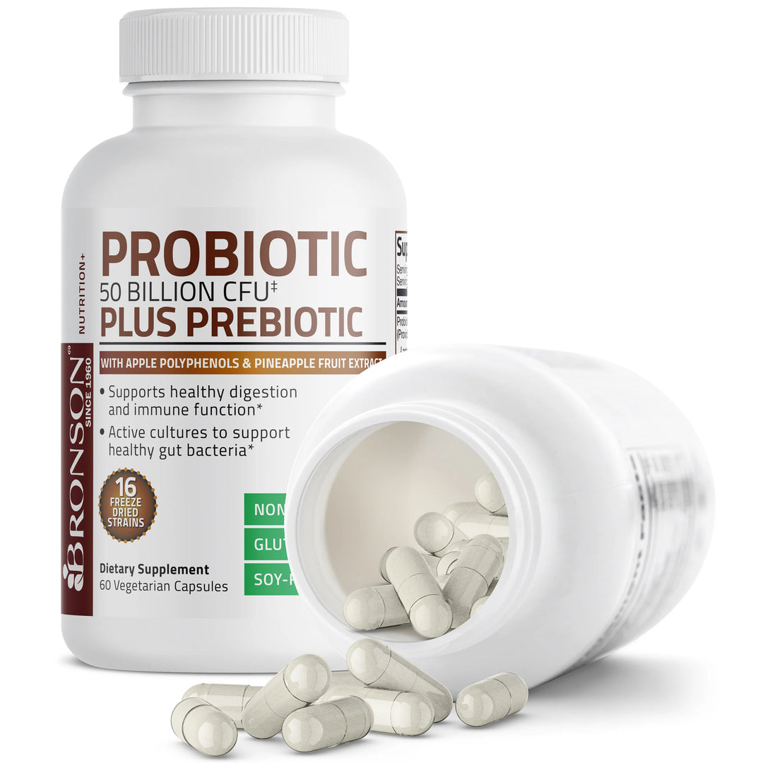 Bronson Probiotic Plus Prebiotic - 50 Billion CFU - 60 Vegetarian Capsules - 60 Count | برونسون بروبيوتيك بلس بريبيوتيك - 50 مليار وحدة تكوين مستعمرات - 60 كبسولة نباتية