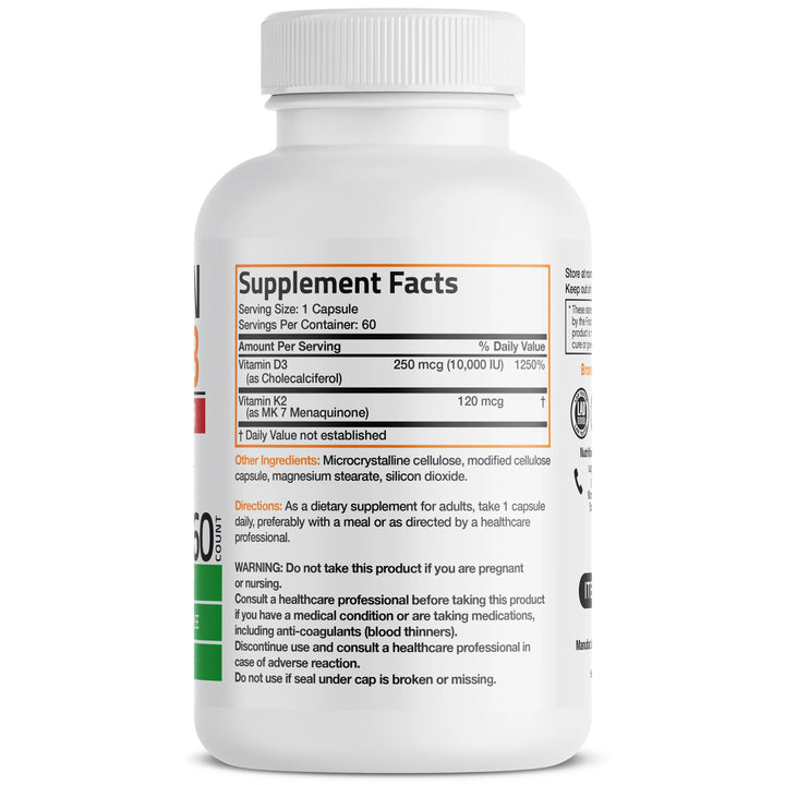 Bronson Vitamin K2 + D3 Extra Strength 2 In 1 Formula - 60 Capsules | برونسون مكمل غذائي بفيتامين دال و فيتامين k2 - 60 كبسولة