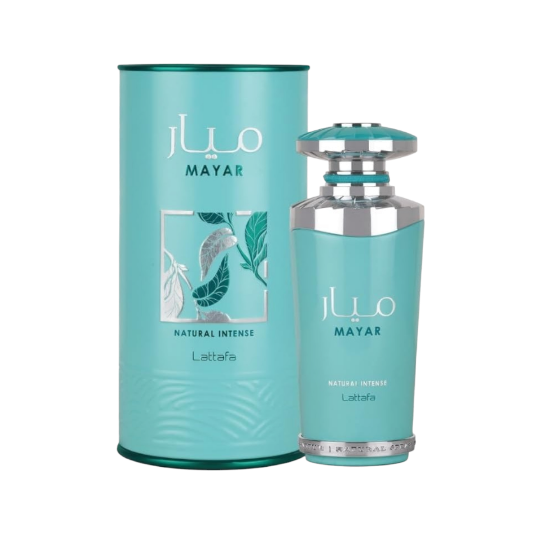 Lattafa Mayar Natural Intense perfume, 100ml, turquoise glass bottle with a silver cap, in a matching turquoise box.
