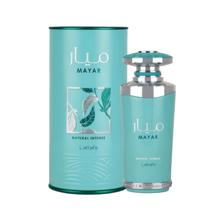 Lattafa Mayar Natural Intense perfume, 100ml, turquoise glass bottle with a silver cap, in a matching turquoise box.
