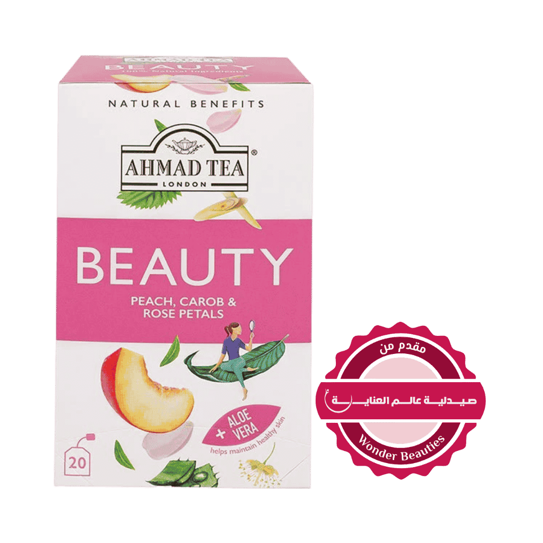 AHMAD TEA BEAUTY PEACH CAROB & ROSE PETALS +Aloe Vera 20 Pcs - 30g - 30g | شاي احمد شاي الجمال خوخ، خرنوب وبتلات الورد 20 ظرف - 30غ
