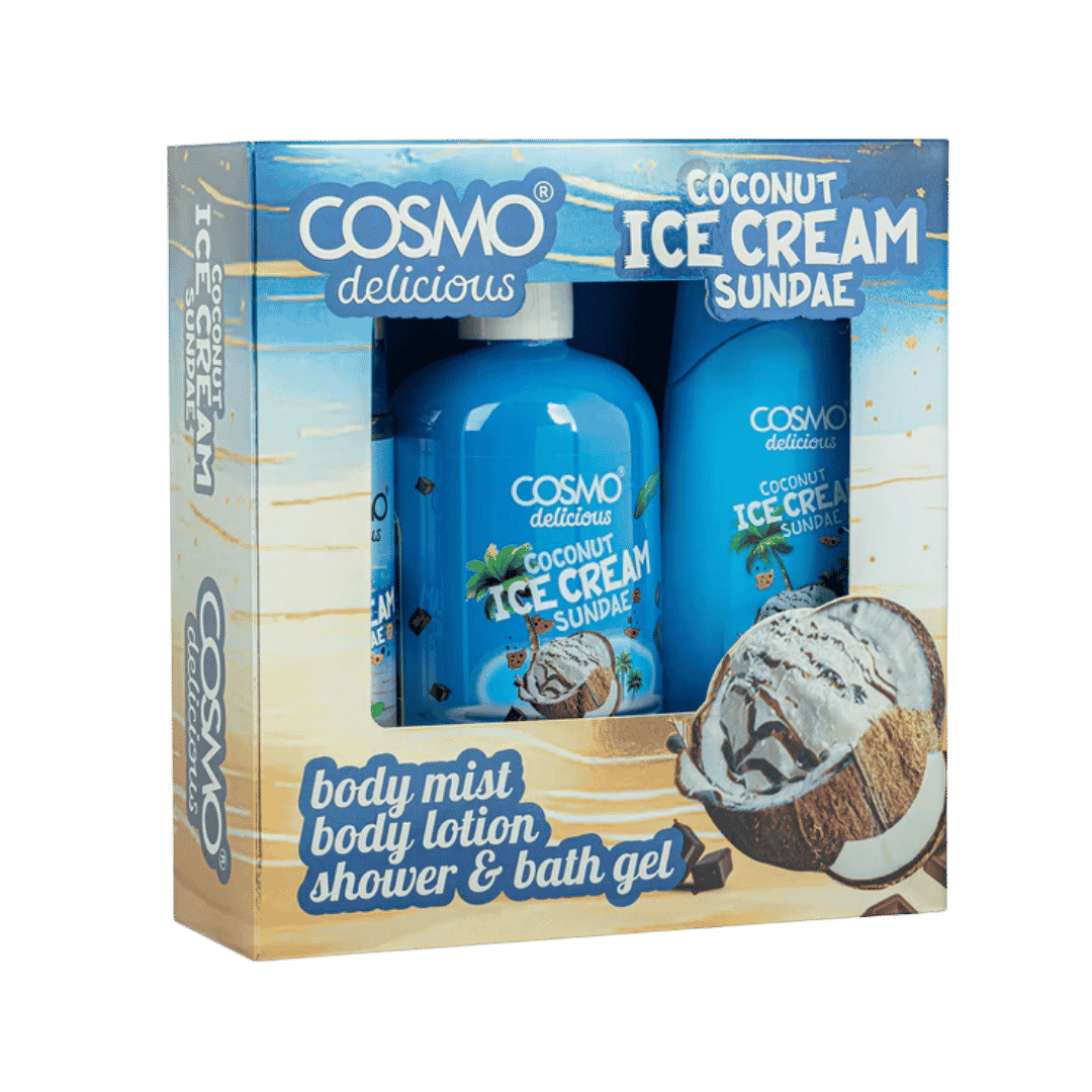 Cosmo Coconut Ice Cream Sundae Body Mist Body Lotion Shower & Bath Gel | كوزمو مجموعة العناية بالجسم برائحة جوز الهند