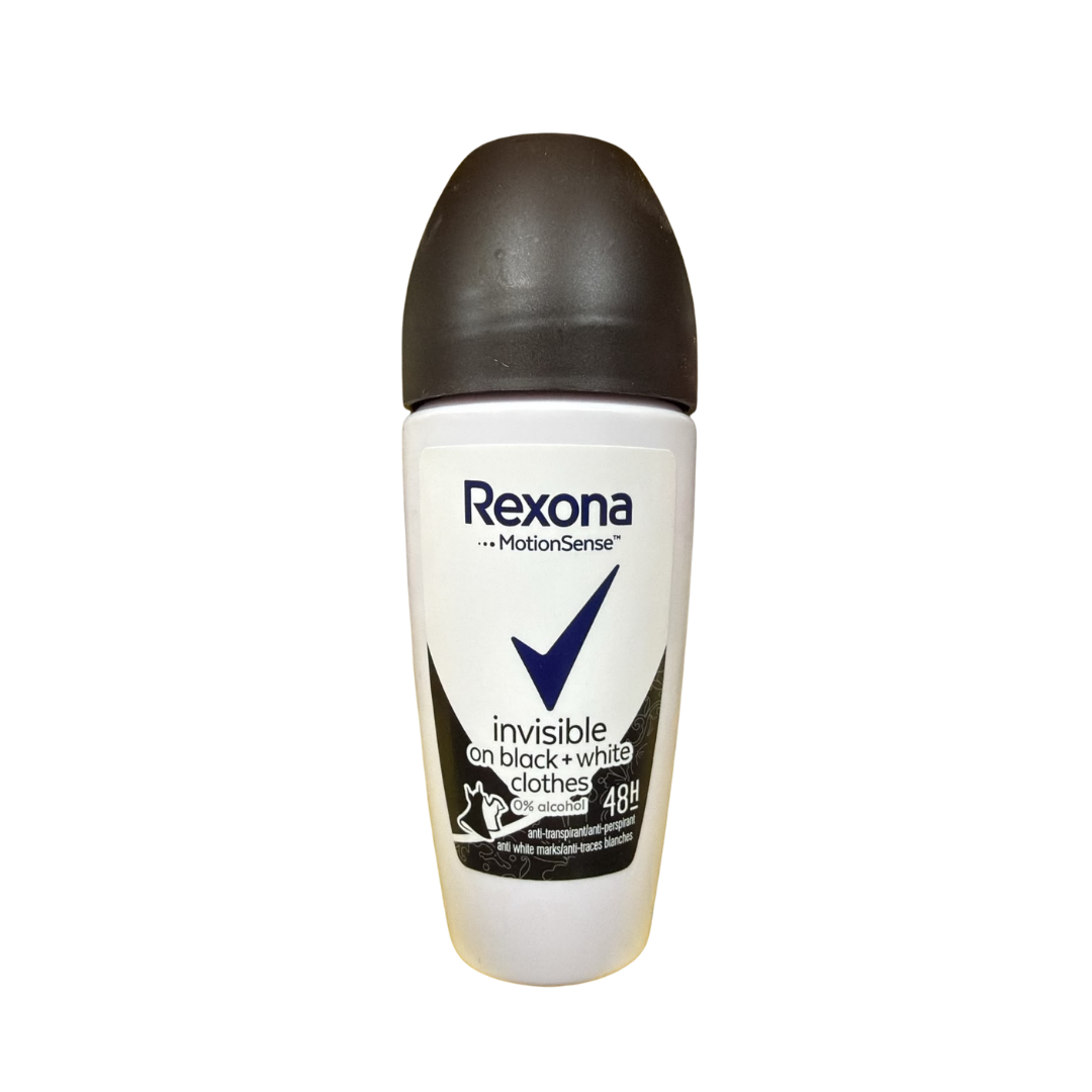 Rexona Deo Roller Invisible Black+ White Clothes  50ml | ريكسونا مزيل تعرق رول للملابس البيضاء والسوداء - 50 مل