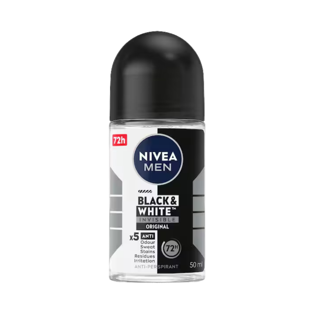NIVEA MEN Black & White Invisible Antiperspirant Roll-On Deodorant Original - 50ml | نيفيا مزيل تعرق رول بلاك اند وايت - 50 مل