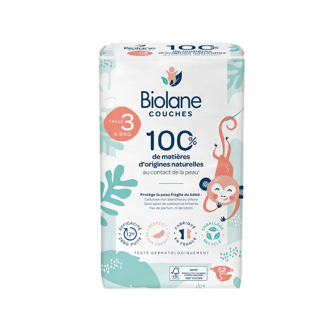 Biolane Natural baby diaper 3 size 4-9 kg - 52 pcs | بايولان حفاضات للأطفال قياس 3 للأطفال بوزن 4-9 كغ - 52 قطعة