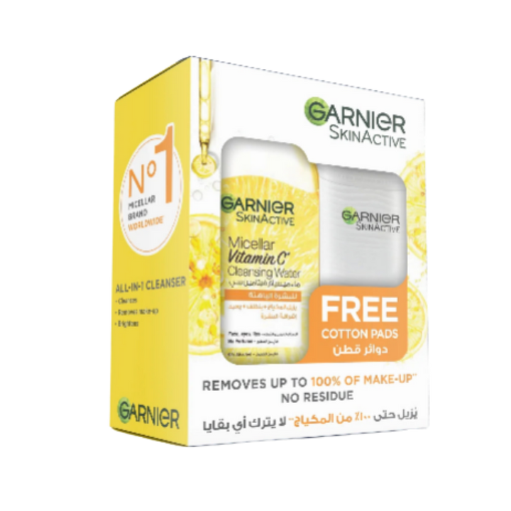 Garnier Skin Active Vitamin C Micellar Water+Free Cotton Pads - 400 ml | غارنييه ميسيلار بالفيتامين سي مع ضمادات قطنية مجانية -400  مل