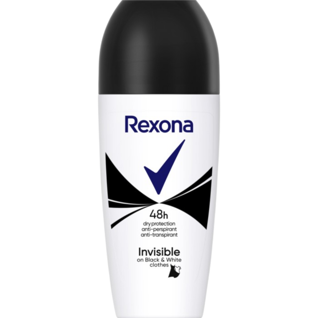 Rexona Deo Roller Invisible Black+ White Clothes  50ml | ريكسونا مزيل تعرق رول للملابس البيضاء والسوداء - 50 مل