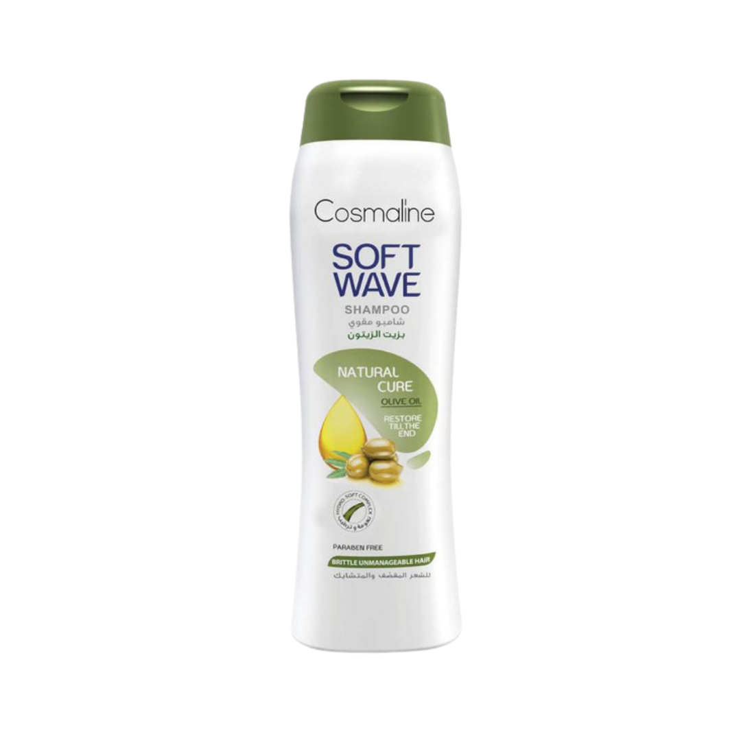 COSMALINE Soft Wave Natural Cure Shampoo For Brittle Unmanageable Hair – 400ml | كوزمالين شامبو للشعر الهايش و المتقصف بزيت الزيتون - 400 مل