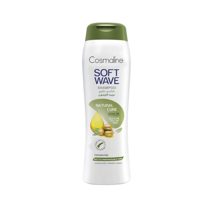 COSMALINE Soft Wave Natural Cure Shampoo For Brittle Unmanageable Hair – 400ml | كوزمالين شامبو للشعر الهايش و المتقصف بزيت الزيتون - 400 مل