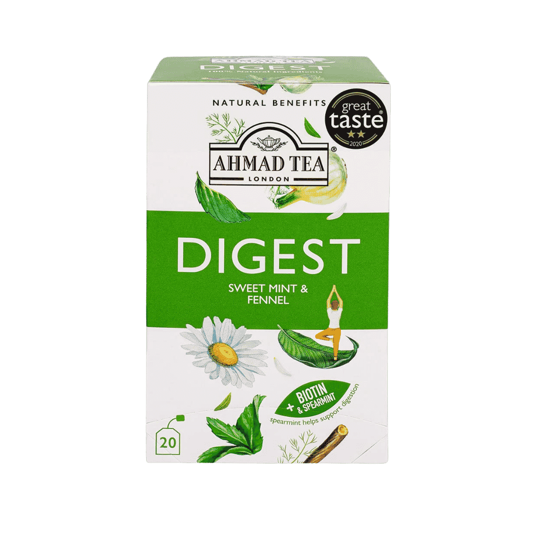 Ahmad Tea Digest' Natural Benefits Sweet Mint Fennel Biotin + Spearmint - 20 Bags | شاي احمد شاي النعناع الحلو والشمر والبيوتين والنعناع السنبلي - 20 كيس