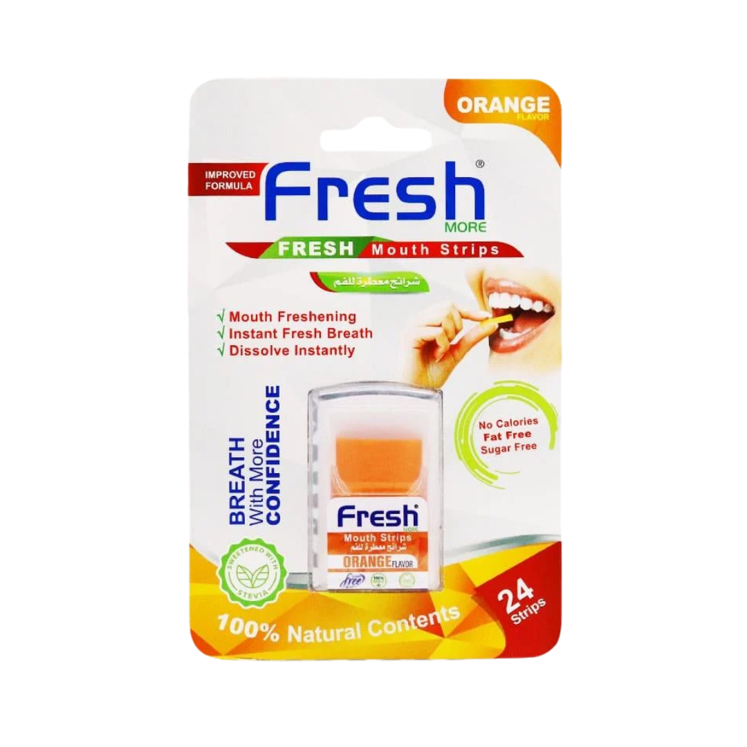 fresh breath strips Orange flavor breath with more confidence | شرائح منعشة بنكهة البرتقال، تمنحك نفساً منعشاً وثقة أكبر.