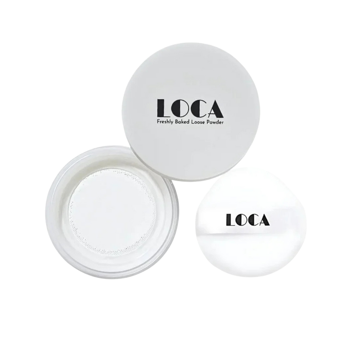 LOCA Freshly Baked Loose Powder 12g with white round jar and branded powder puff