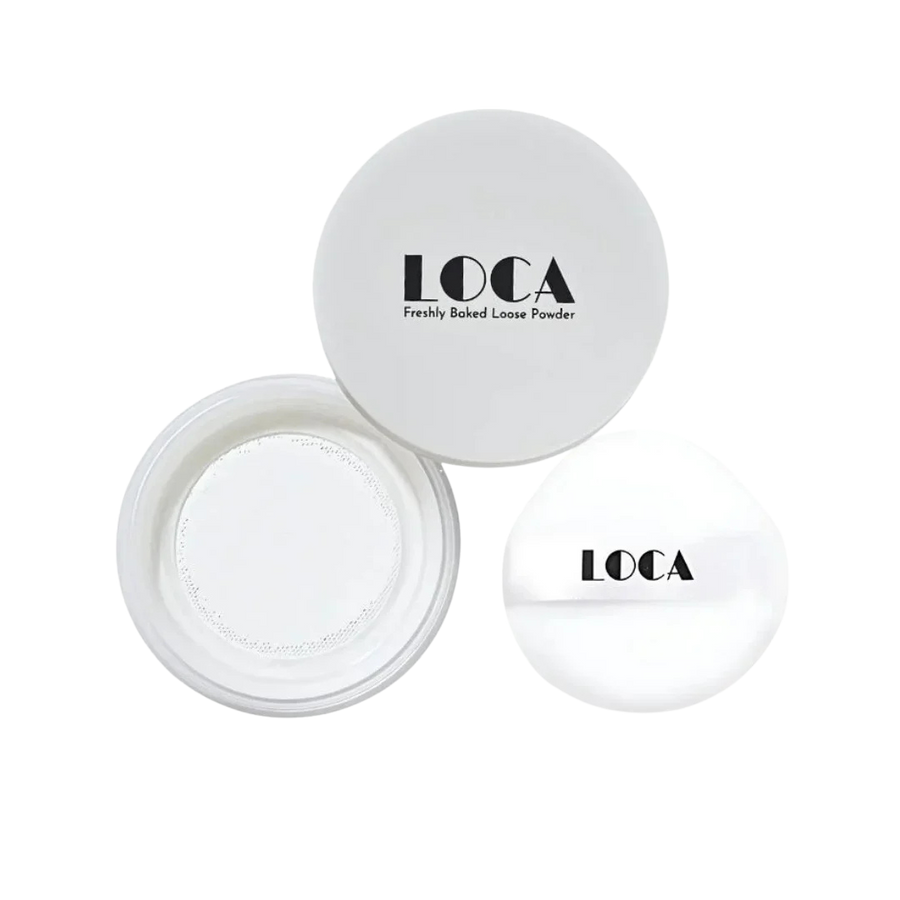 LOCA Freshly Baked Loose Powder 12g with white round jar and branded powder puff