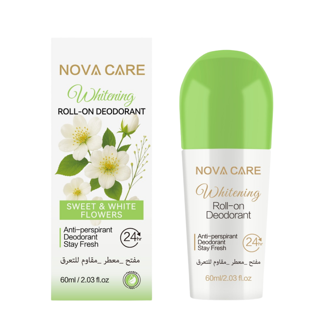NOVA CARE Whitening Roll-On Deodorant 24h Anti-Perspirant Sweet&White Flowers - 60ml |مزيل عرق نوفا كير للتفتيح رول أون مضاد للتعرق لمدة 24 ساعة برائحة الزهور الحلوة والبيضاء – 60 مل