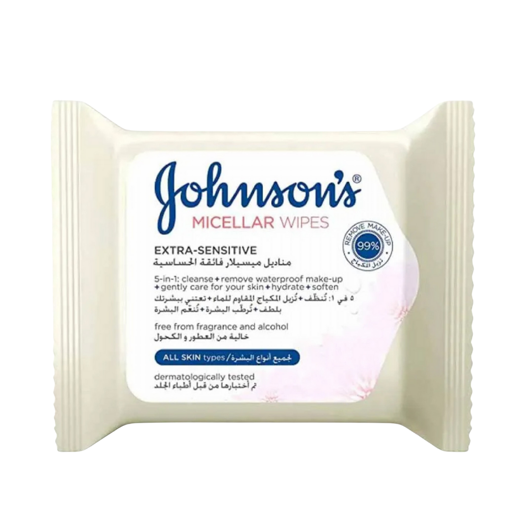 Johnson's Micellar Makeup Removing Wipes for Sensitive Skin - 25 Wipes | مناديل جونسون ميسيلار لإزالة المكياج للبشرة الحساسة – 25 منديل