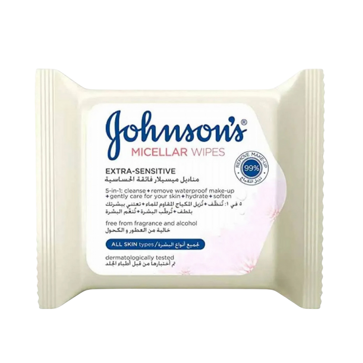 Johnson's Micellar Makeup Removing Wipes for Sensitive Skin - 25 Wipes | مناديل جونسون ميسيلار لإزالة المكياج للبشرة الحساسة – 25 منديل