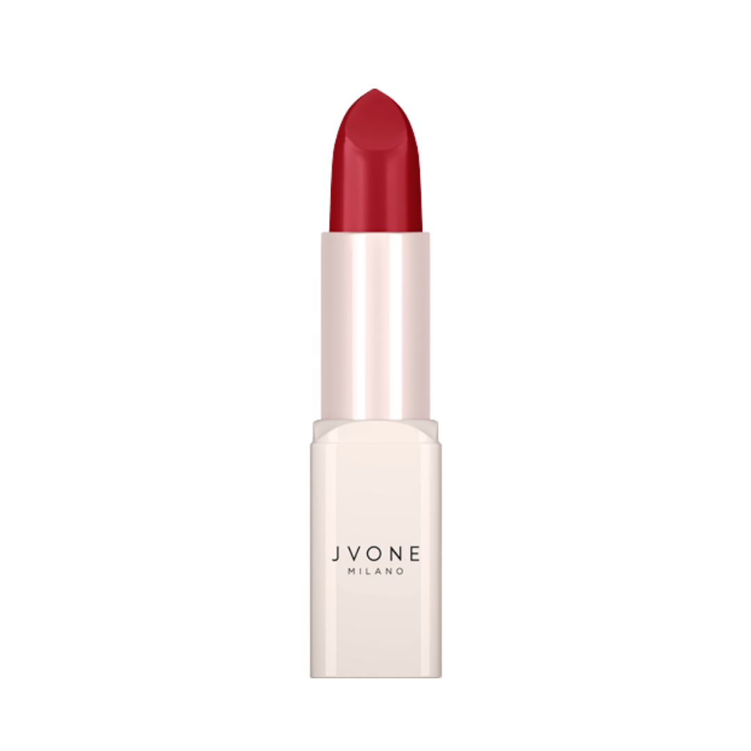 JVONE Milano red lipstick in ivory rectangular tube with brand logo, bullet-style cream lipstick