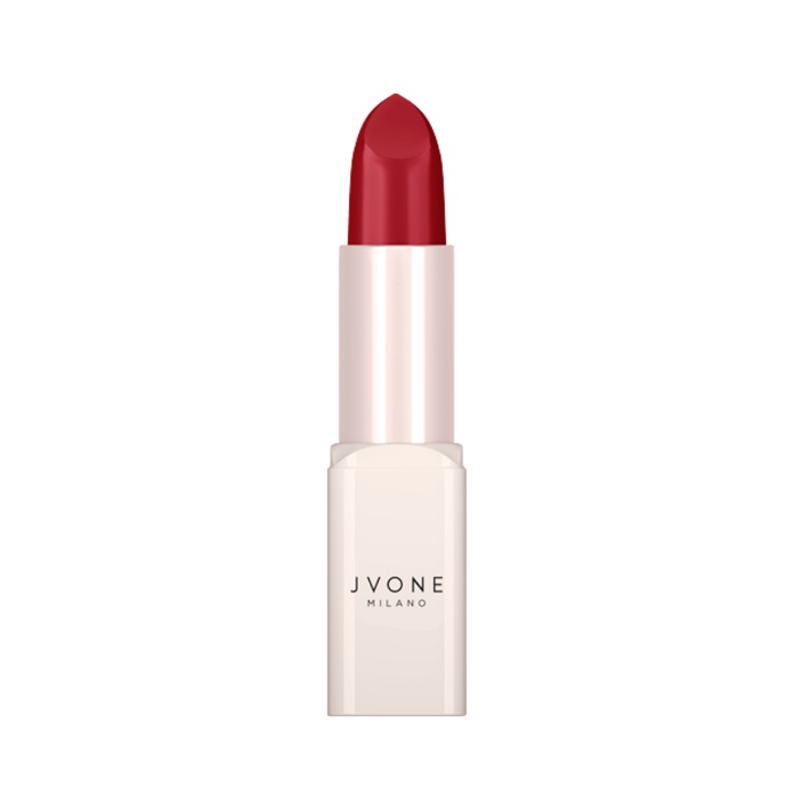 JVONE Milano red lipstick in ivory rectangular tube with brand logo, bullet-style cream lipstick