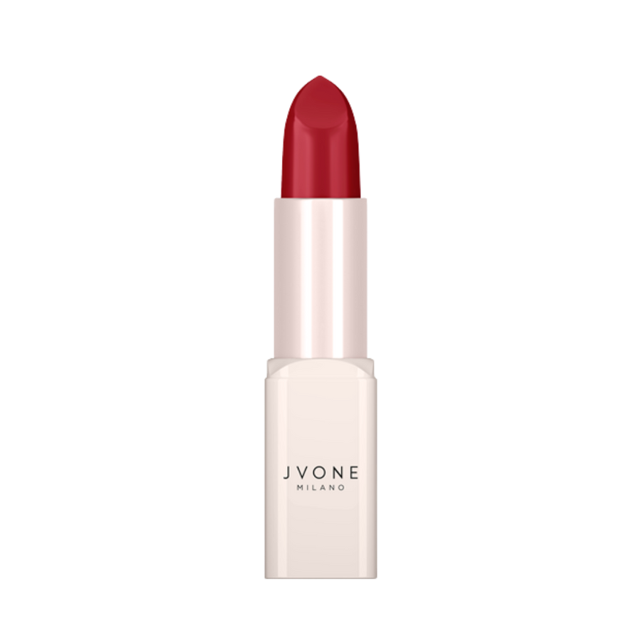 JVONE Milano red lipstick in ivory rectangular tube with brand logo, bullet-style cream lipstick