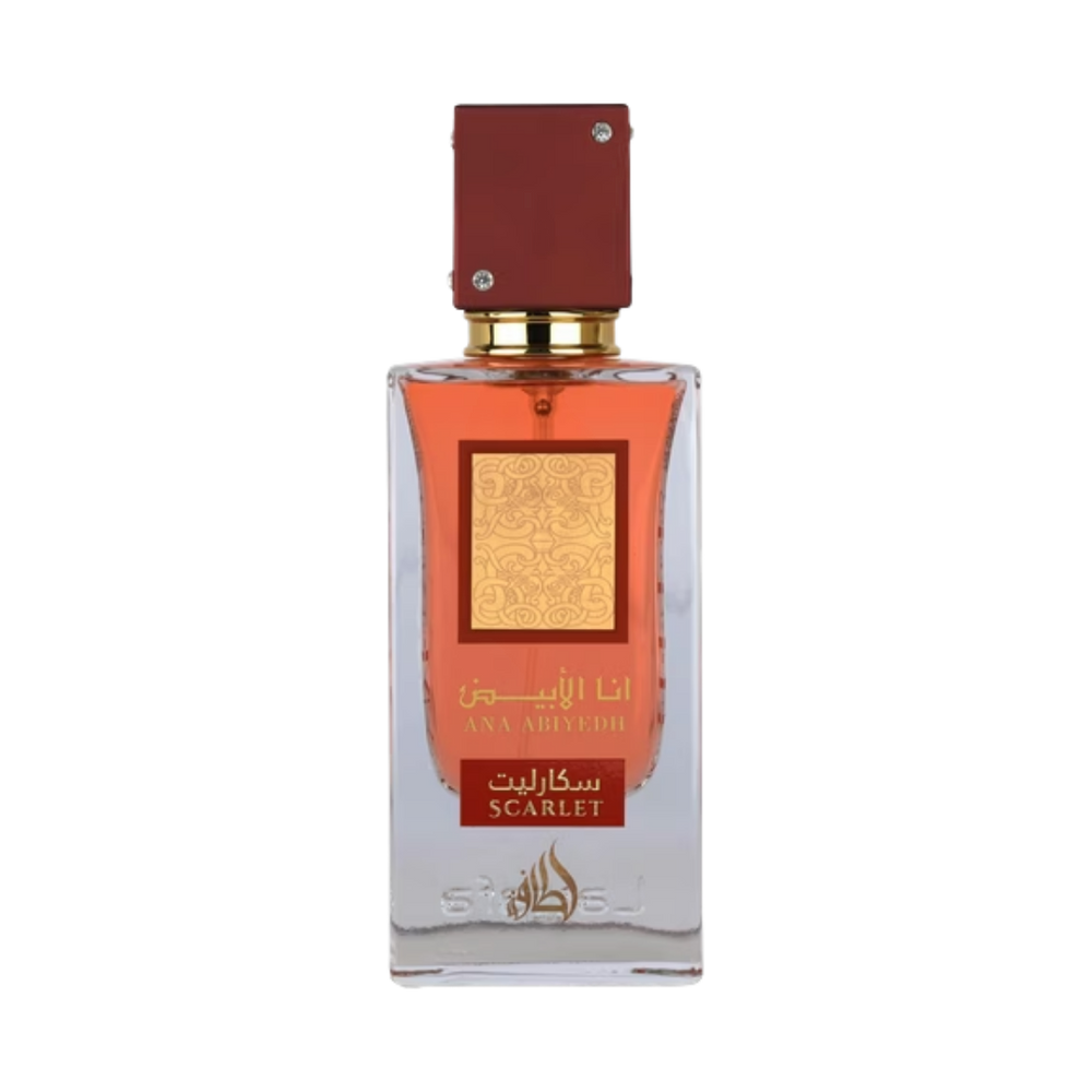 Ana Abiyedh Scarlet perfume, 100ml, clear glass bottle with a red cap and gold label.
