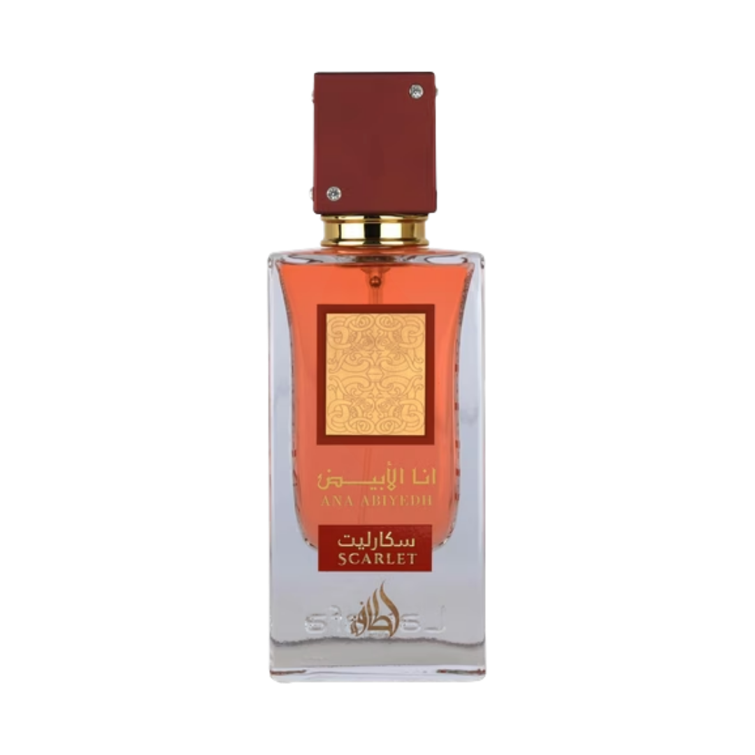 Ana Abiyedh Scarlet perfume, 100ml, clear glass bottle with a red cap and gold label.

