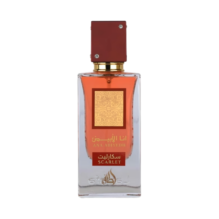 Ana Abiyedh Scarlet perfume, 100ml, clear glass bottle with a red cap and gold label.
