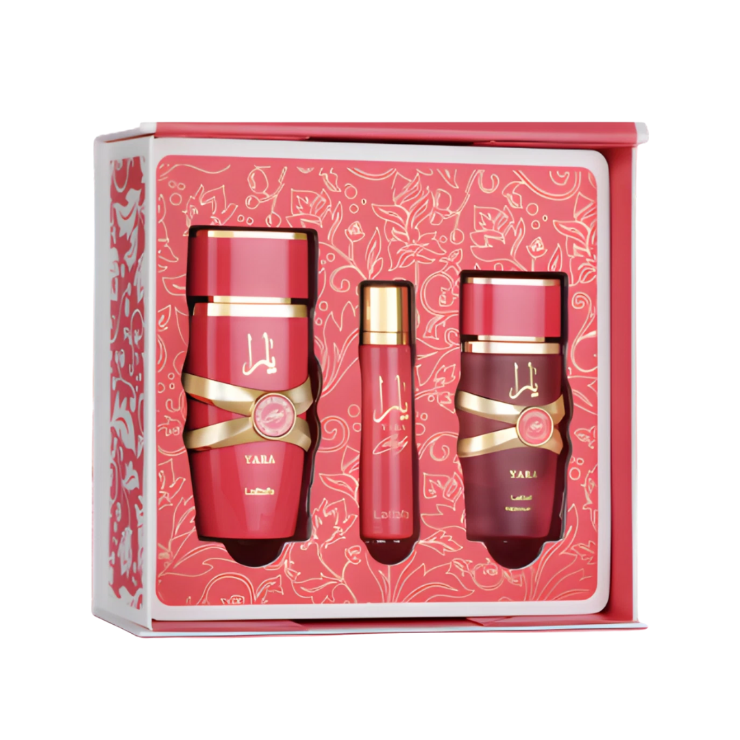 Yara fragrance gift set by Latafa, includes a bottle, a mini bottle, and a spray, red and gold packaging
