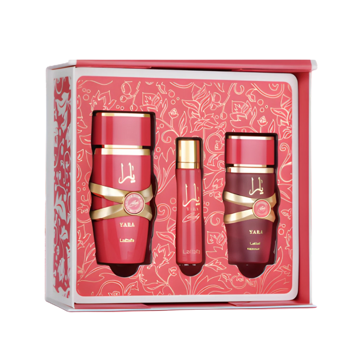 Yara fragrance gift set by Latafa, includes a bottle, a mini bottle, and a spray, red and gold packaging
