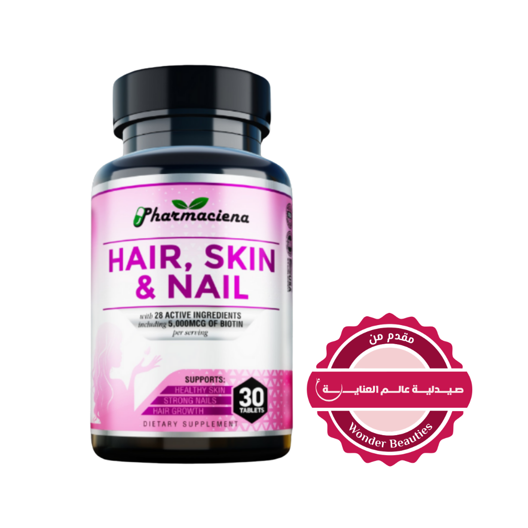 Pharmaciena Hair, Skin & Nails 28 Active Ingredients including 5,000mcg of Biotin, 30 Tablets | فارماسينا هير سكين آند نيلز – 28 مكوّنًا نشطًا مع 5000 ميكروغرام من البيوتين، 30 قرص