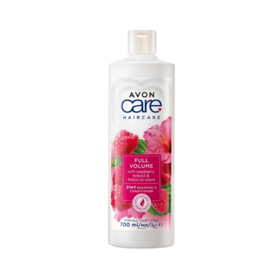 Avon Care Full Volume with Raspberry Extract & Hibiscus Scent - 2in1 Shampoo & Conditioner for all Hair Types - 700ml | أفون كير شامبو وبلسم 2 في 1 لزيادة كثافة الشعر بخلاصة التوت ورائحة الكركديه - 700 مل