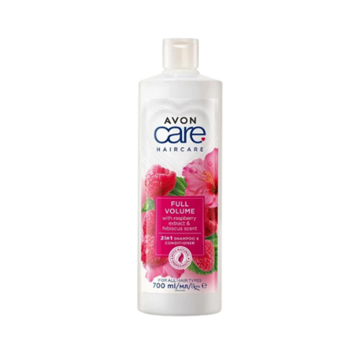 Avon Care Full Volume with Raspberry Extract & Hibiscus Scent - 2in1 Shampoo & Conditioner for all Hair Types - 700ml | أفون كير شامبو وبلسم 2 في 1 لزيادة كثافة الشعر بخلاصة التوت ورائحة الكركديه - 700 مل