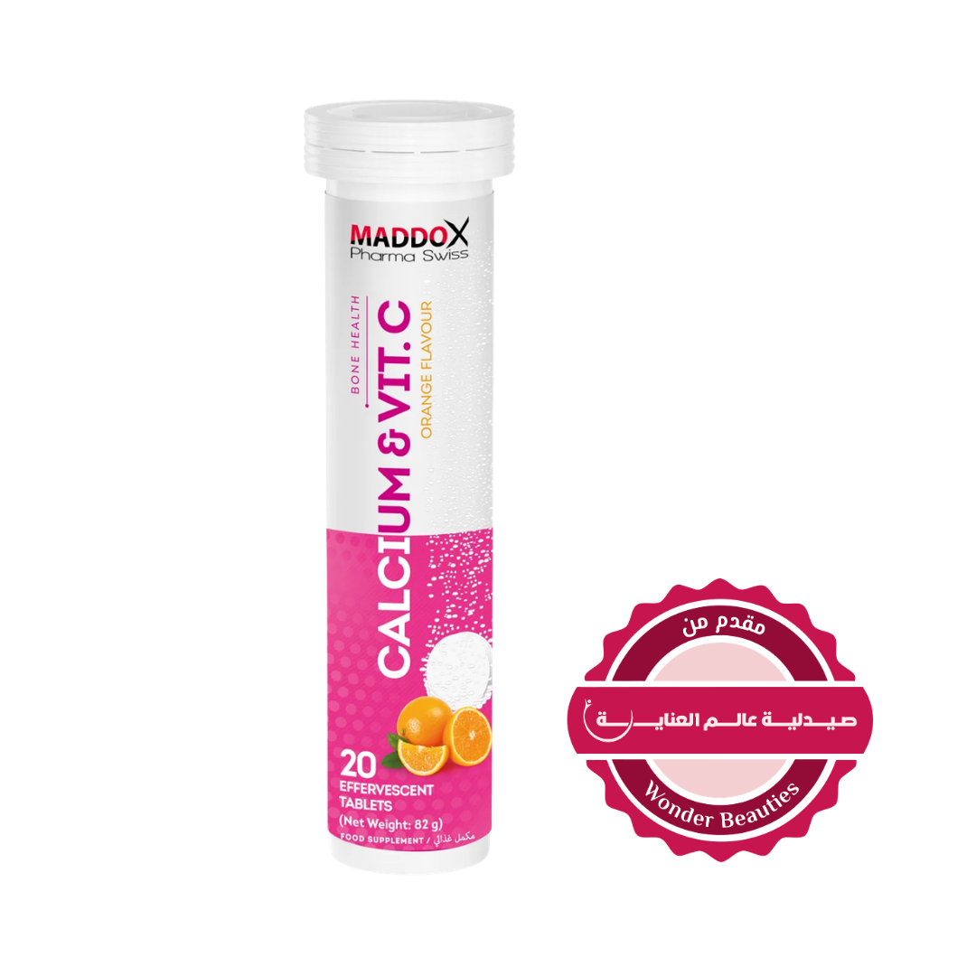 MADDOX Pharma Swiss Calcum & Vita C Flavour 20 Effervescent Tablets - 82g |مادوكس أقراص فوار كالسيوم مع فيتامين سي بطعم البرتقال – 20 قرص فوار – 82 غرام