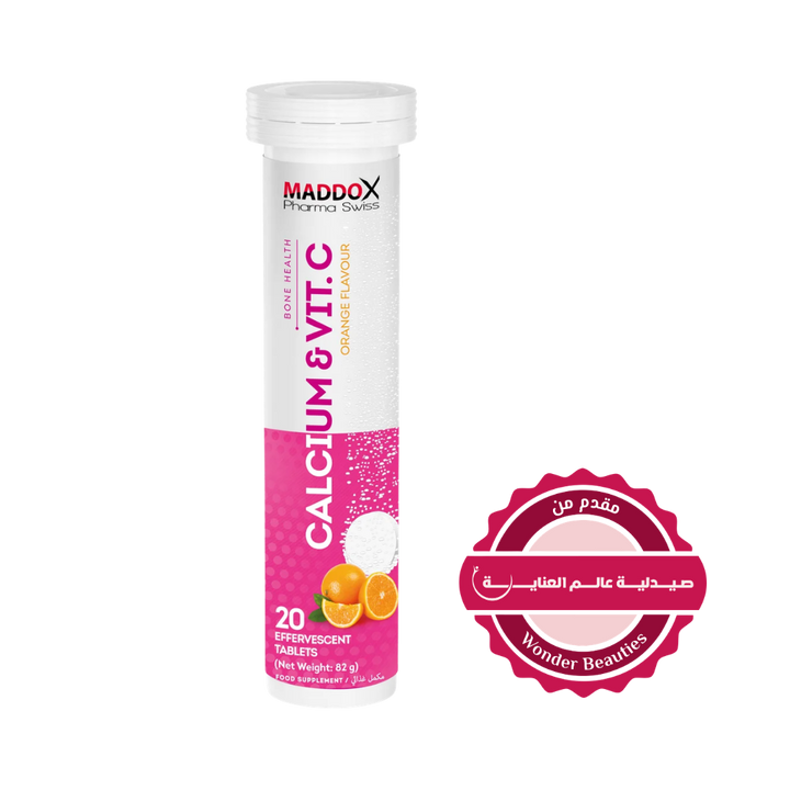 MADDOX Pharma Swiss Calcum & Vita C Flavour 20 Effervescent Tablets - 82g |مادوكس أقراص فوار كالسيوم مع فيتامين سي بطعم البرتقال – 20 قرص فوار – 82 غرام