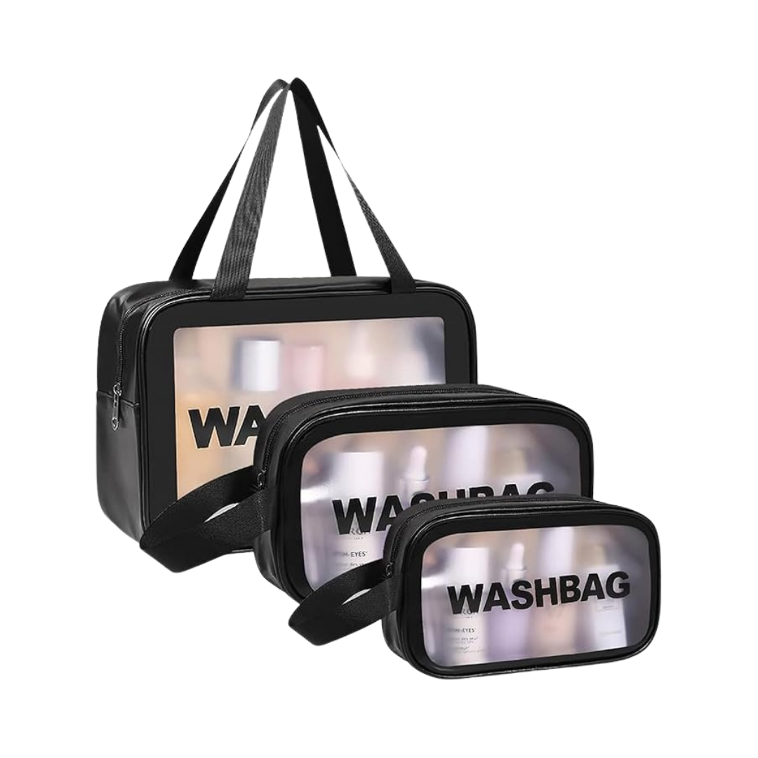 WASHBAG Black rectangular 3-piece bag set | واش باك حقائب تجميل