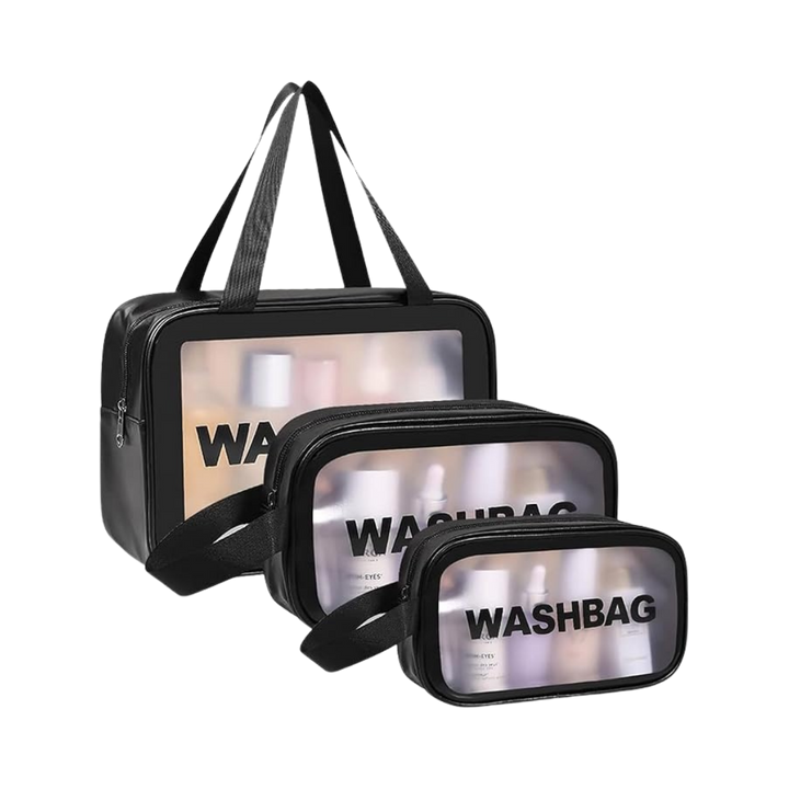 WASHBAG Black rectangular 3-piece bag set | واش باك حقائب تجميل