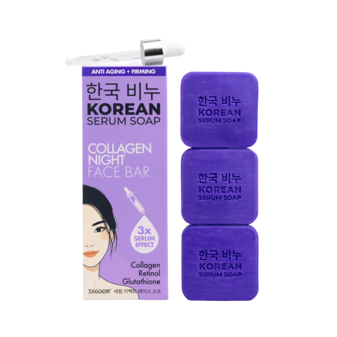 GREEN LABEL Korean Serum Soap Collagen Night Face Bar -3x60 gr - 60gr |جرين ليبل صابونة سيروم كولاجين كورية ليلية للوجه – 3×60 غ (60 غ)