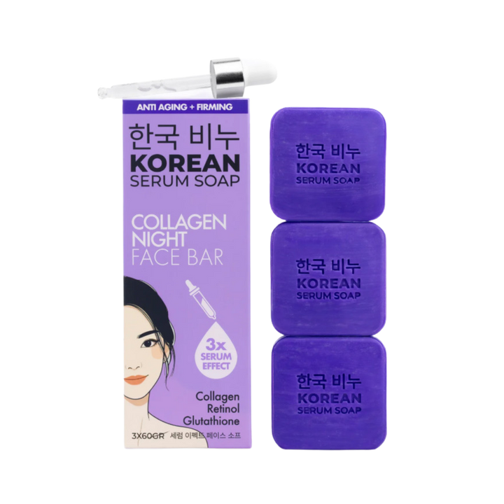 GREEN LABEL Korean Serum Soap Collagen Night Face Bar -3x60 gr - 60gr |جرين ليبل صابونة سيروم كولاجين كورية ليلية للوجه – 3×60 غ (60 غ)