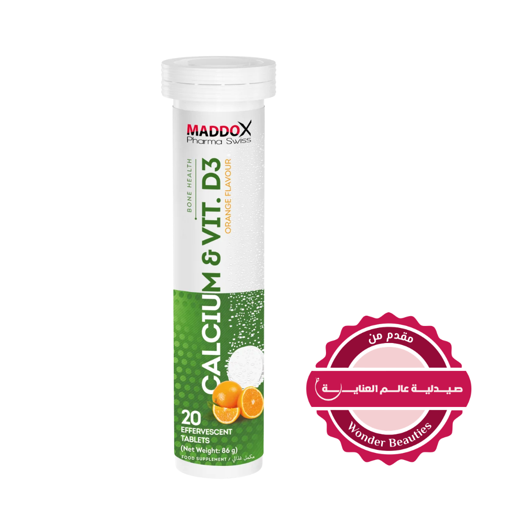 MADDOX Pharma Swiss Calcum & Vita D3 Flavour 20 Effervescent Tablets - 86g |مادوكس فارما سويس كالسيوم وفيتامين  د3 – 20 قرص فوار – 86 غرام