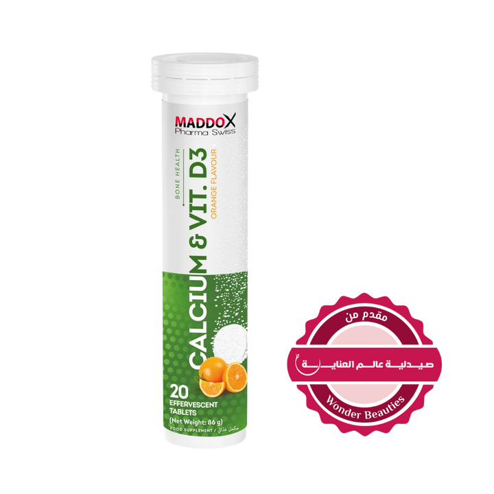 MADDOX Pharma Swiss Calcum & Vita D3 Flavour 20 Effervescent Tablets - 86g |مادوكس فارما سويس كالسيوم وفيتامين  د3 – 20 قرص فوار – 86 غرام