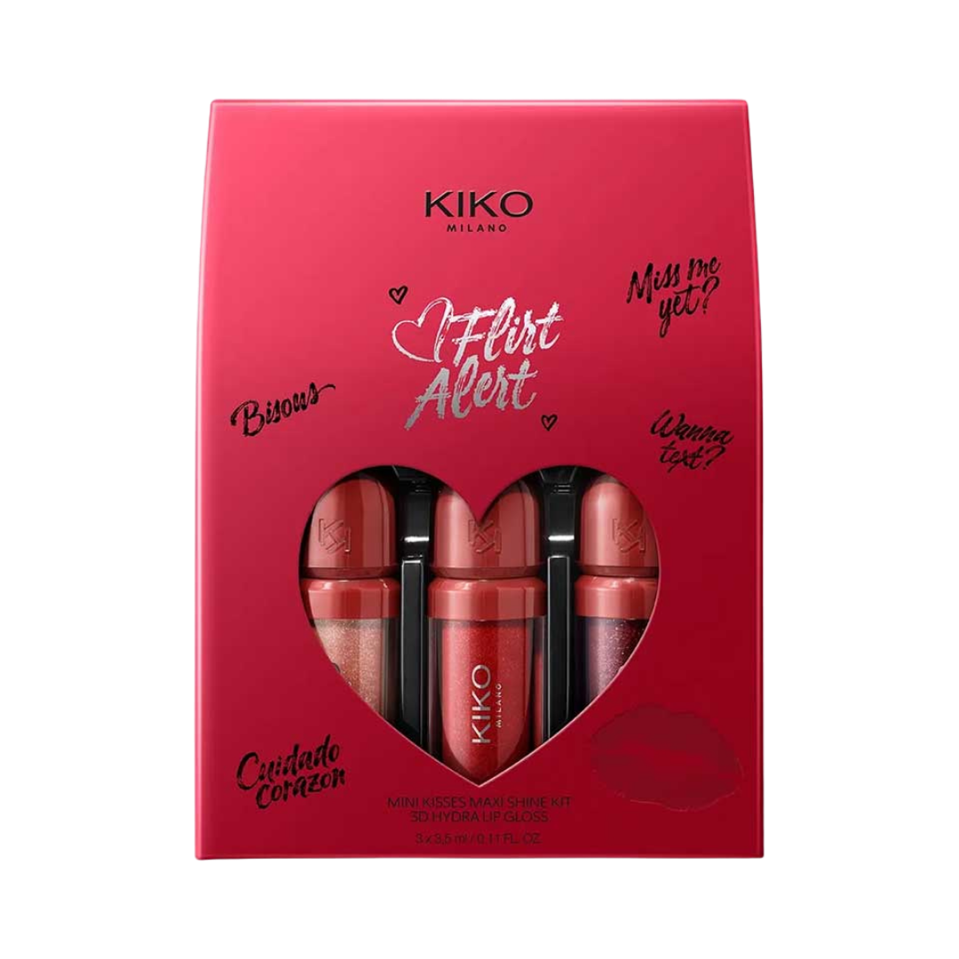 KIKO Flirt Alert Mini Kisses Maxi Shine Kit 3D Hydra Lip Gloss - 3 × 3.5ml |كيت كيكو ميني غلوس للشفاه  – 3 × 3.5 مل